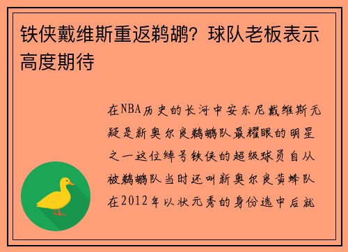 铁侠戴维斯重返鹈鹕？球队老板表示高度期待